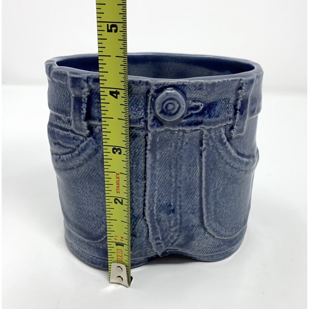 Vintage DENIM Look Blue Jeans Ceramic Planter Vase Textured Pop Art Novelty - Picture 10 of 11